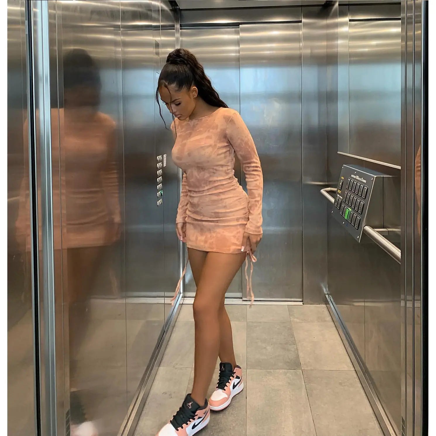 Fashion Pleated Digital Print Long Sleeve Dress Cjdropshipping