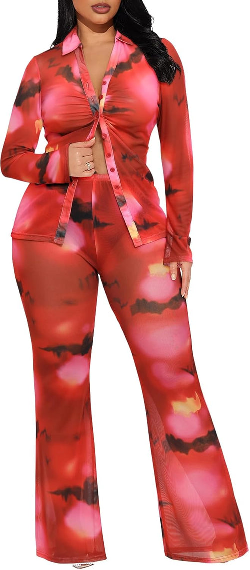 2 Piece Pant Sets for Women Long Sleeve Mesh Floral Print Ruched Button down Shirt Flare Wide Leg Pantsuits Streetwear