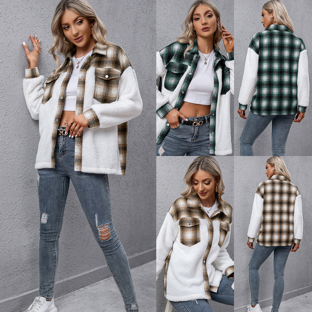 Long-sleeved Plaid Stitching Loose Casual Shirt