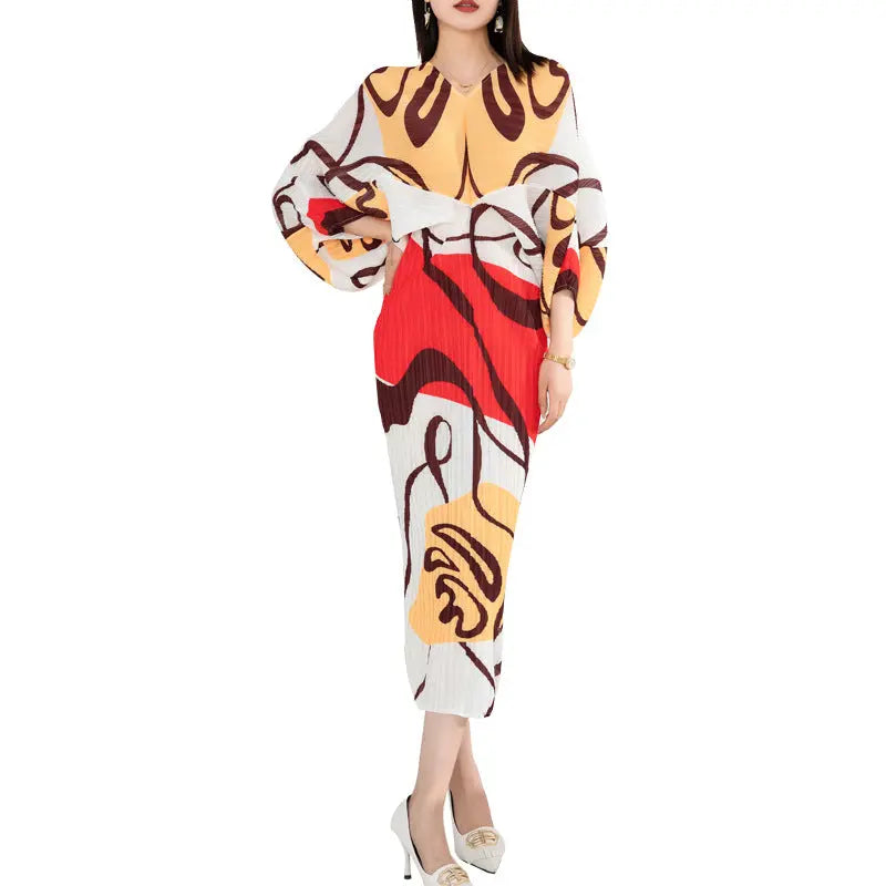 Women's Temperament Pleated Print Batwing Sleeve Dress Autods