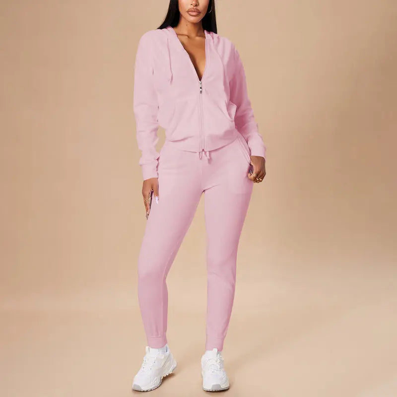 Women's Solid Color 2-Piece Set Zip Pocket Drawstring Hooded Crop Top & Slim Fit Pocket Pants - Ribbed Detail Casual Outfit Cjdropshipping