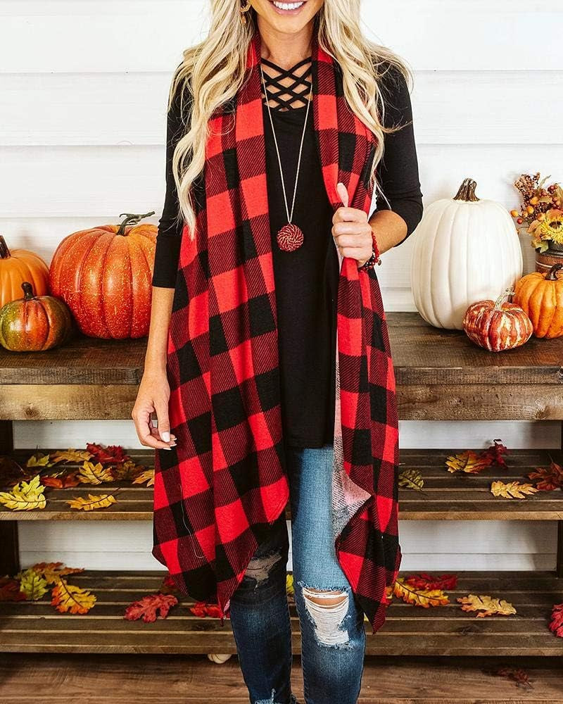Women's Plaid Sleeveless Duster Cardigan with Pockets - Lightweight Open Front Vest Coat