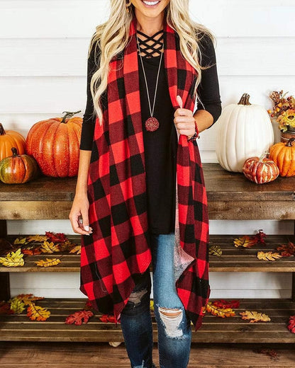 Women's Plaid Sleeveless Duster Cardigan with Pockets - Lightweight Open Front Vest Coat
