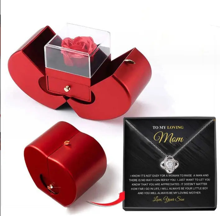 Fashion Jewelry Box Red Apple Christmas Gift Necklace Eternal Rose For Girl Mother's Day Valentine's Day Gifts With Artificial Flower Rose Flower Jewelry Box - New Era Fashion LLc