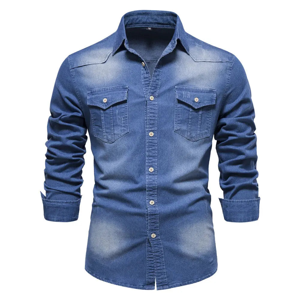 Men's Long-sleeved Denim Shirt Casual Solid Button Slim Tops Clothing - New Era Fashion LLc
