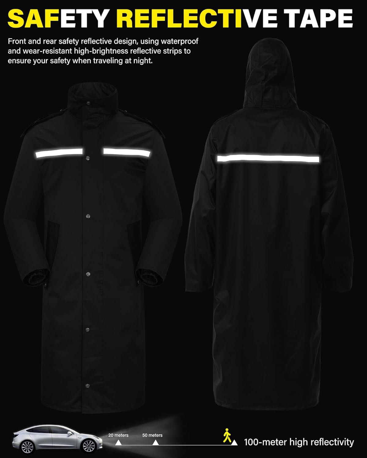 Waterproof Long Rain Jacket - Lightweight Reflective Rainwear with Packable Hood for Men and Women