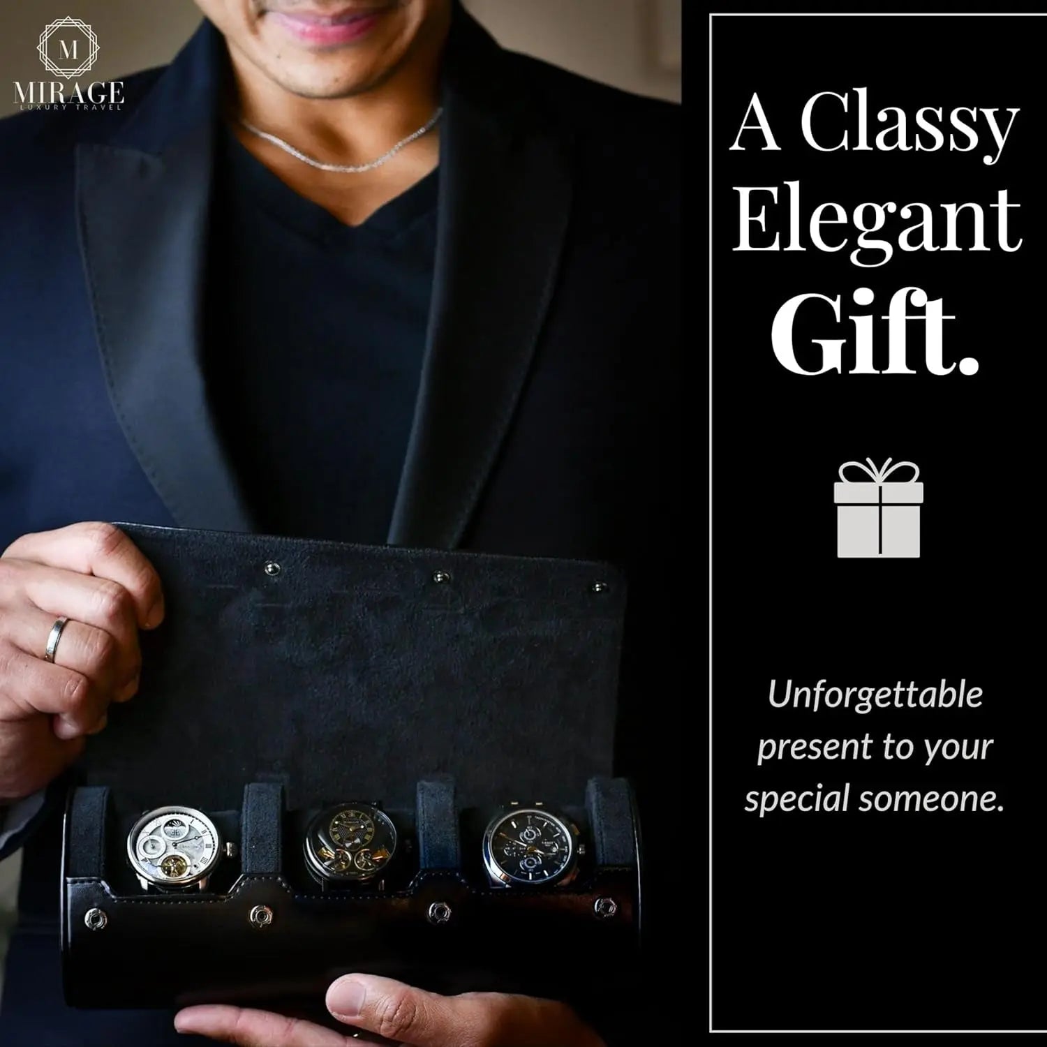 Travel Watch Case – 3 Watch Organizer Travel for Men - Watch Carrying Case Holder and Display - Super Black Motif Vegan Leather