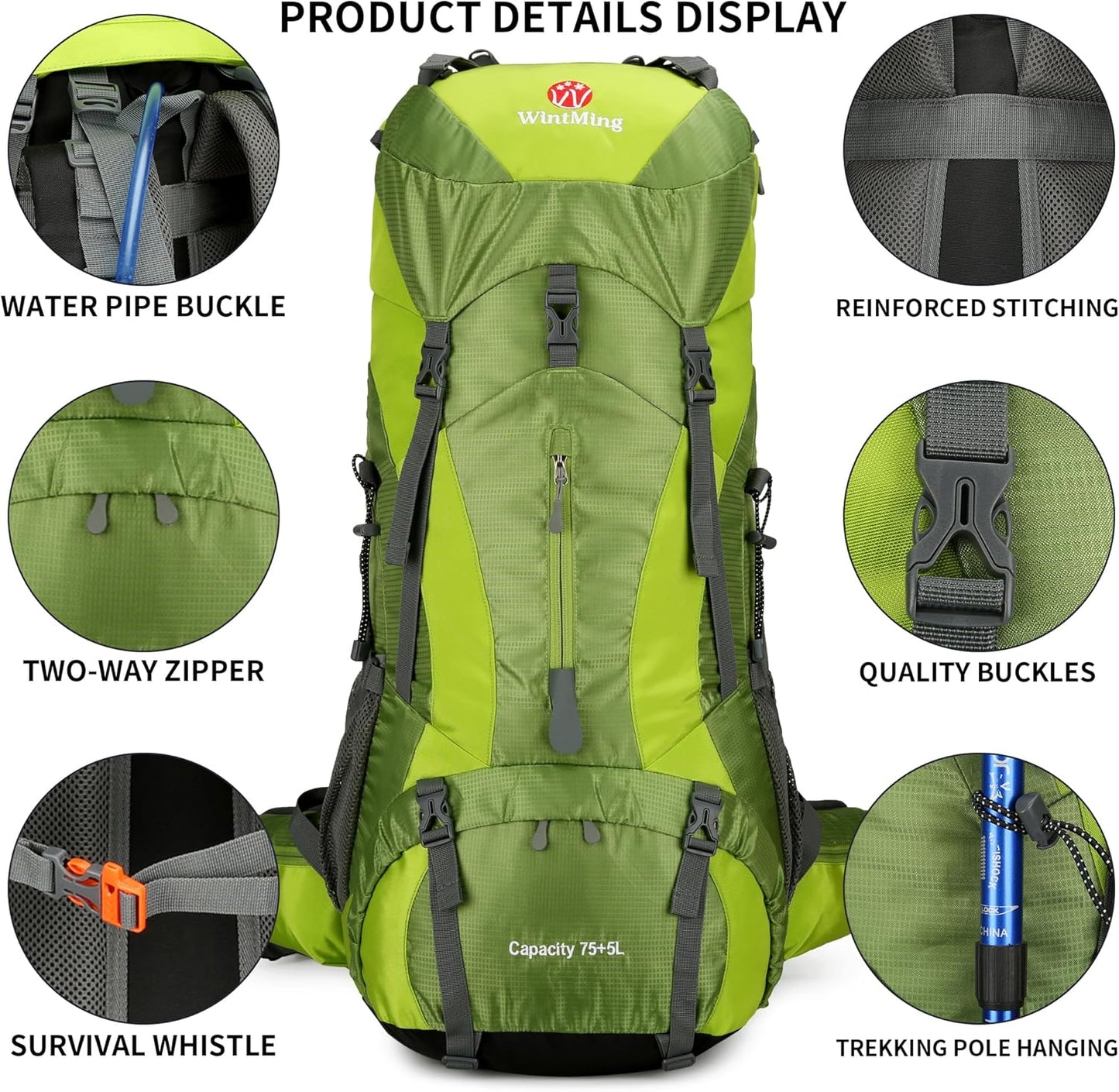 75L Waterproof Hiking Backpack with Rain Cover and Shoe Compartment for Men and Women, Frameless Design