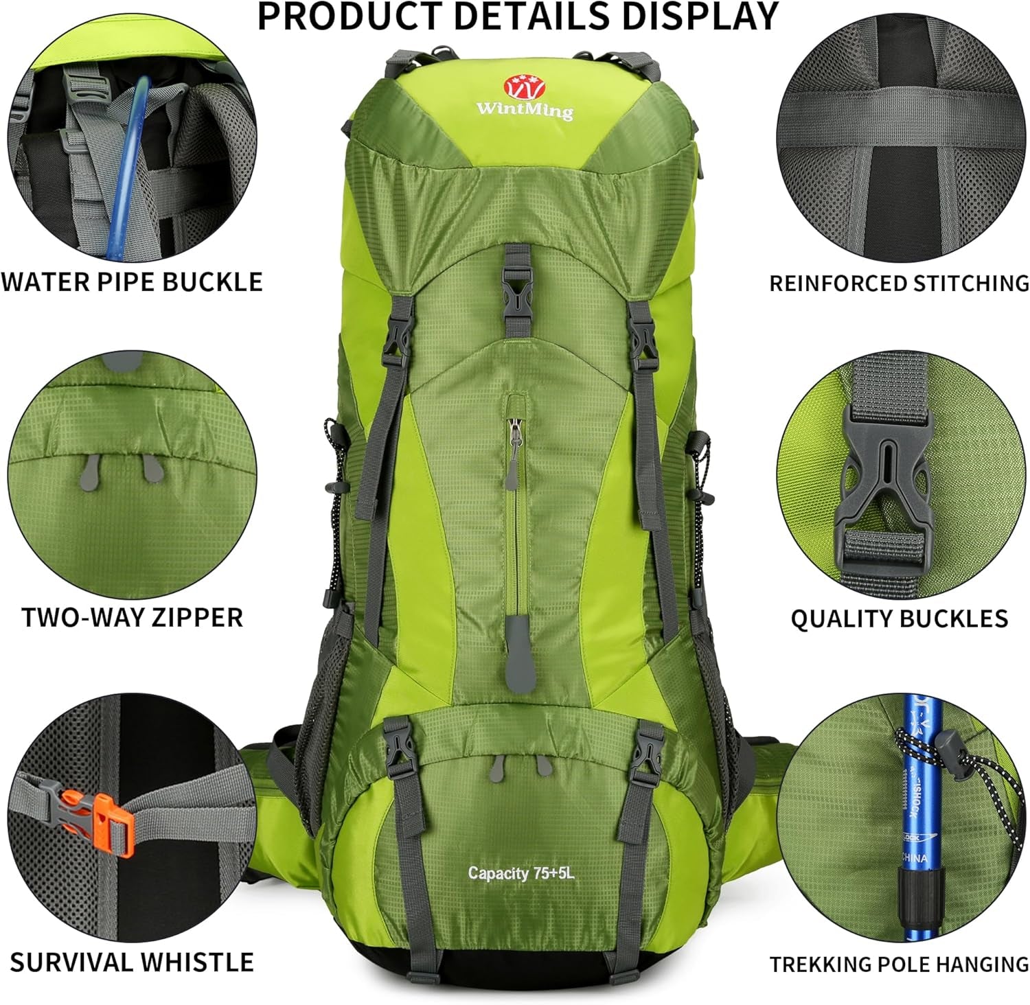 75L Waterproof Hiking Backpack with Rain Cover and Shoe Compartment for Men and Women, Frameless Design