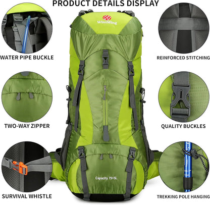 75L Waterproof Hiking Backpack with Rain Cover and Shoe Compartment for Men and Women, Frameless Design