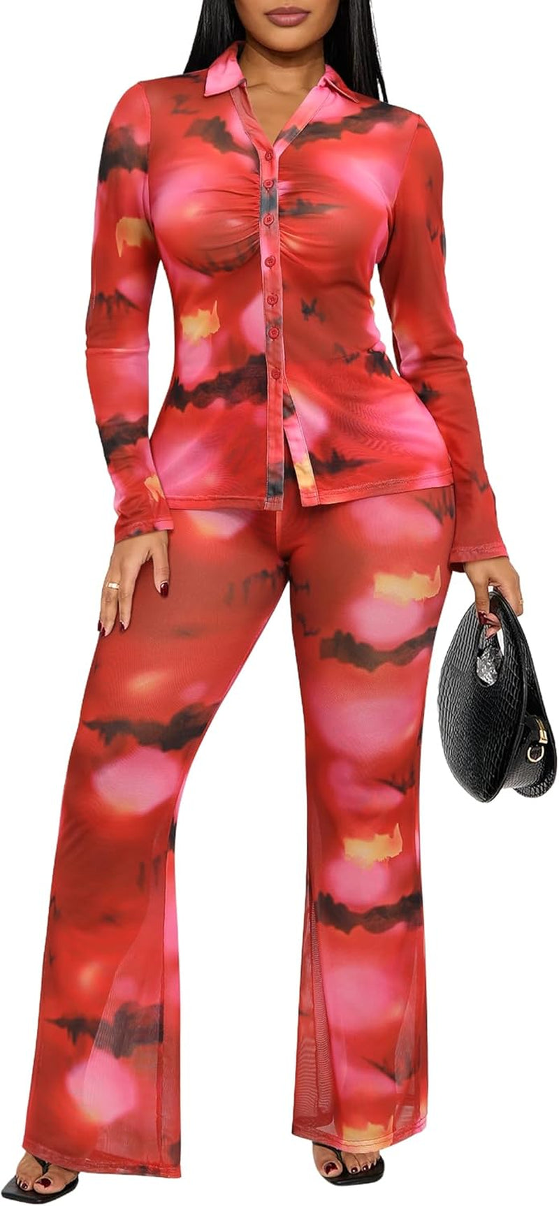 2 Piece Pant Sets for Women Long Sleeve Mesh Floral Print Ruched Button down Shirt Flare Wide Leg Pantsuits Streetwear
