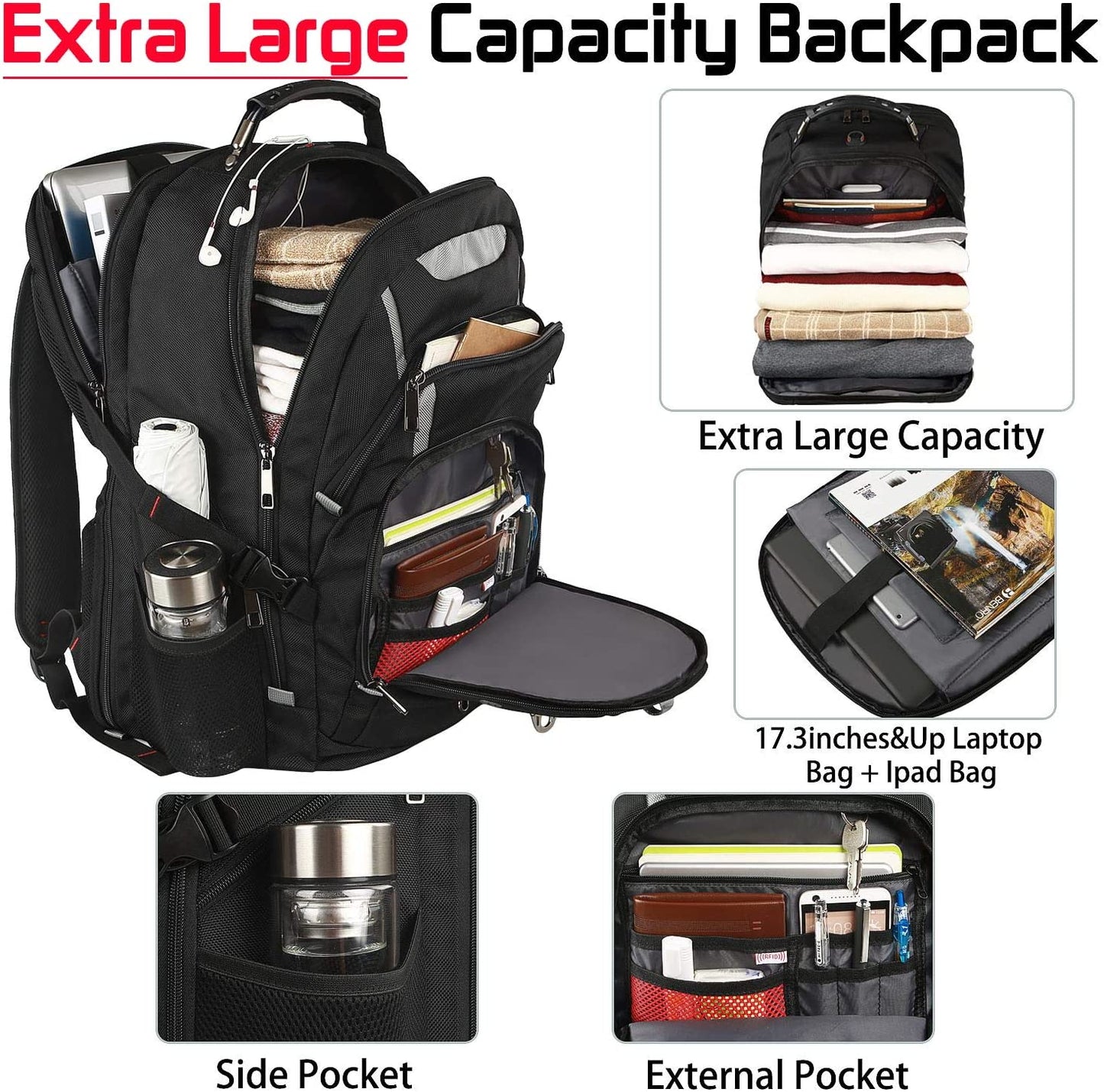 18.4-Inch Laptop Backpack for Men, Extra Large 55L-60L Gaming Backpack, TSA Compliant with RFID Anti-Theft Pocket, Water Resistant for Travel and Business Use