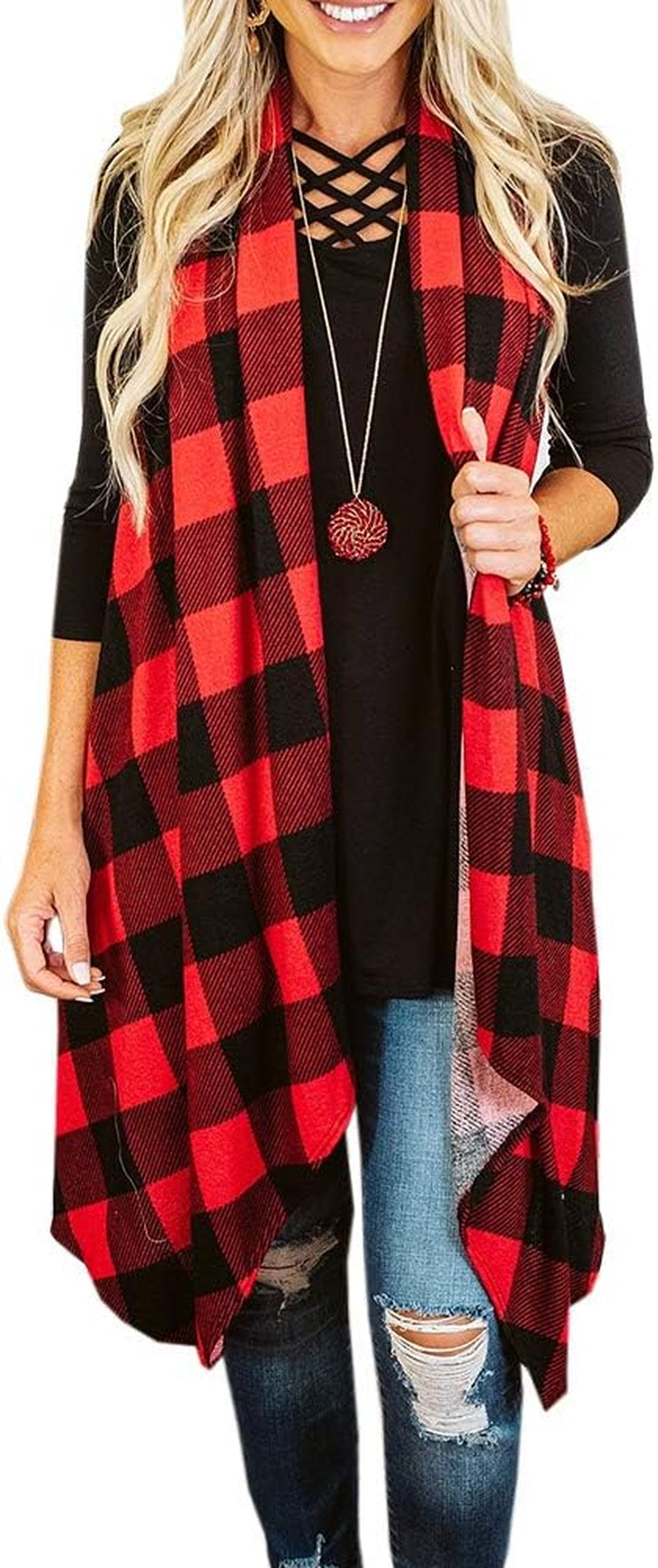 Women's Plaid Sleeveless Duster Cardigan with Pockets - Lightweight Open Front Vest Coat