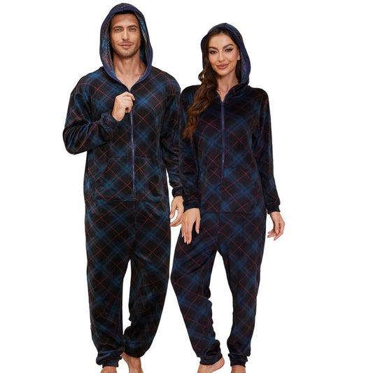 U2SKIIN Women Onesie Ultra-Soft Pajama Sets Hooded Zipper Soft Warm Jumpsuit(Blue Green Plaid M)