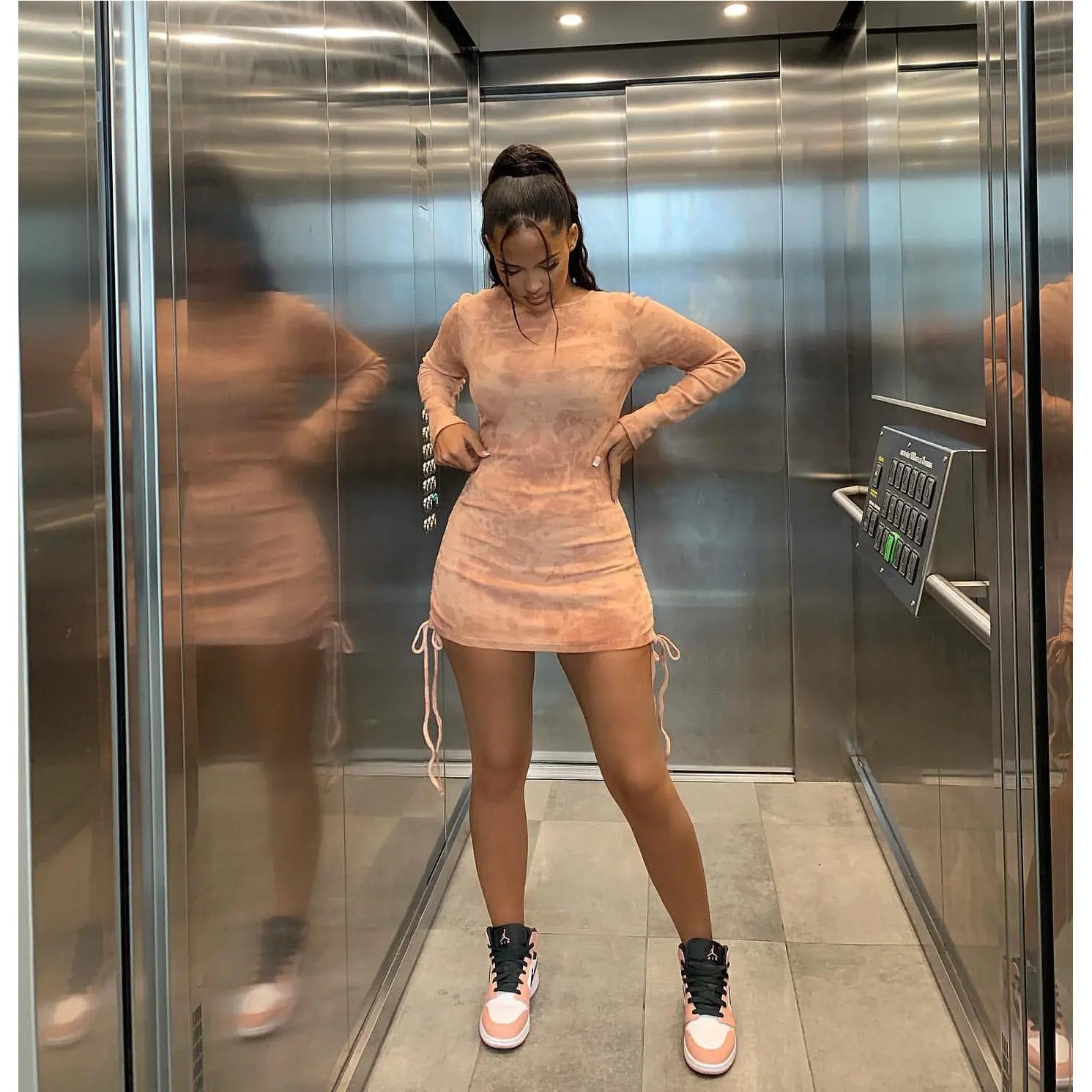 Fashion Pleated Digital Print Long Sleeve Dress Cjdropshipping