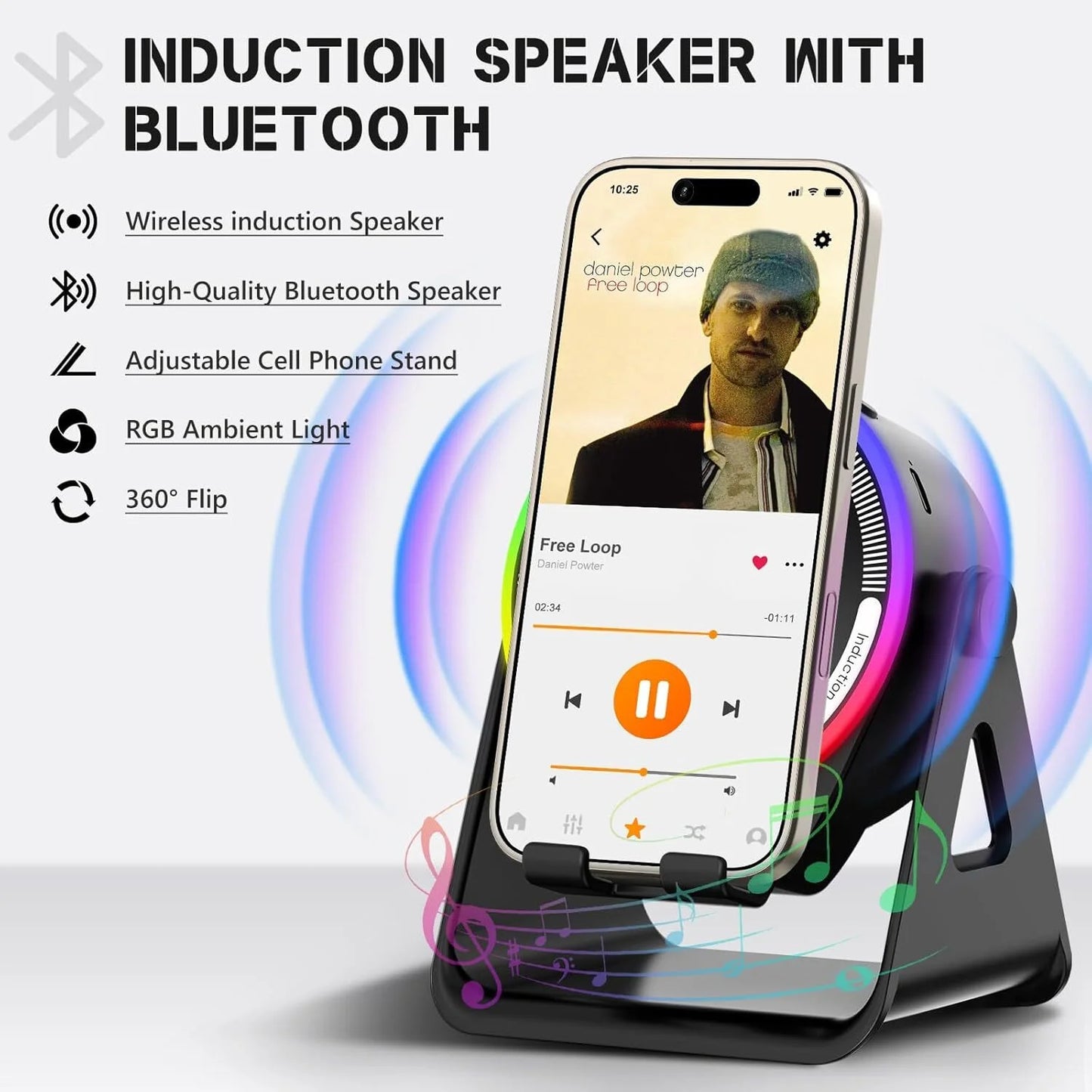 Wireless Induction Speaker with Phone Stand ,5 in 1 Bluetooth Speaker Amplifier Stereo Sound, RGB Ambient Light, 360° Adjustable Phone Holder Compatible with Iphone/Ipad/Android