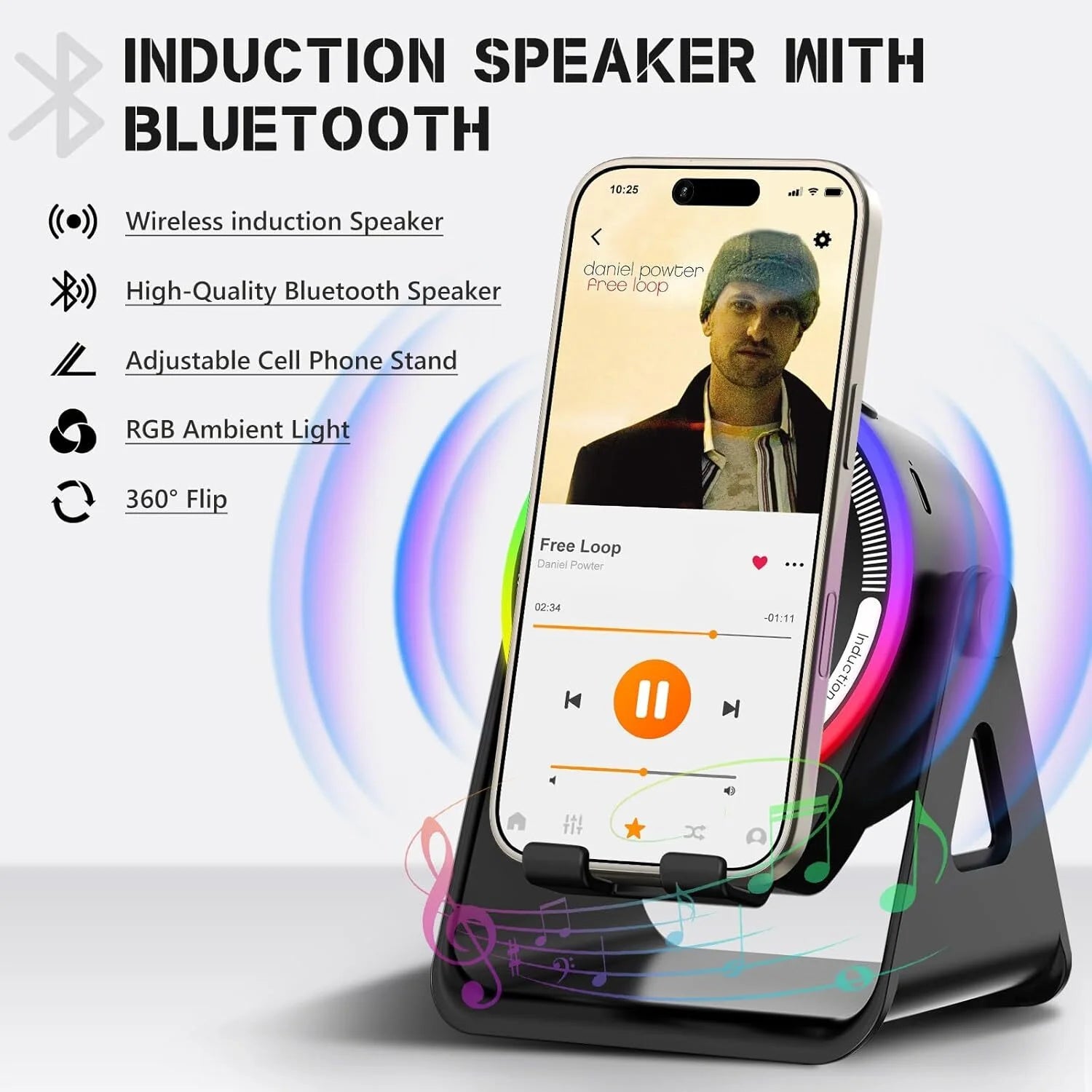 Wireless Induction Speaker with Phone Stand ,5 in 1 Bluetooth Speaker Amplifier Stereo Sound, RGB Ambient Light, 360° Adjustable Phone Holder Compatible with Iphone/Ipad/Android