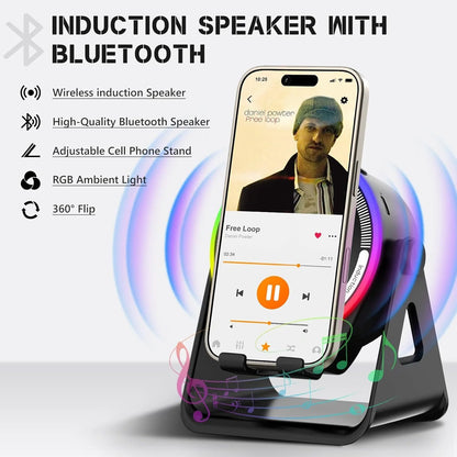 Wireless Induction Speaker with Phone Stand ,5 in 1 Bluetooth Speaker Amplifier Stereo Sound, RGB Ambient Light, 360° Adjustable Phone Holder Compatible with Iphone/Ipad/Android