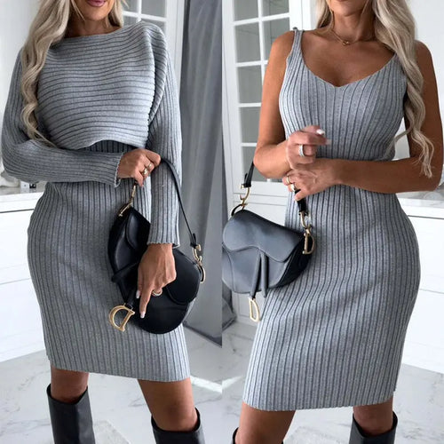 2pcs Suit Women's Solid Stripe Long-sleeved Top And Tight Suspender Skirt Fashion Autumn Winter Slim Clothing New Era Fashion LLc