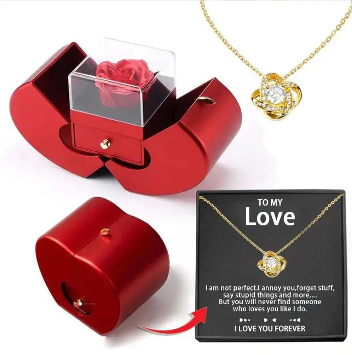Fashion Jewelry Box Red Apple Christmas Gift Necklace Eternal Rose For Girl Mother's Day Valentine's Day Gifts With Artificial Flower Rose Flower Jewelry Box - New Era Fashion LLc