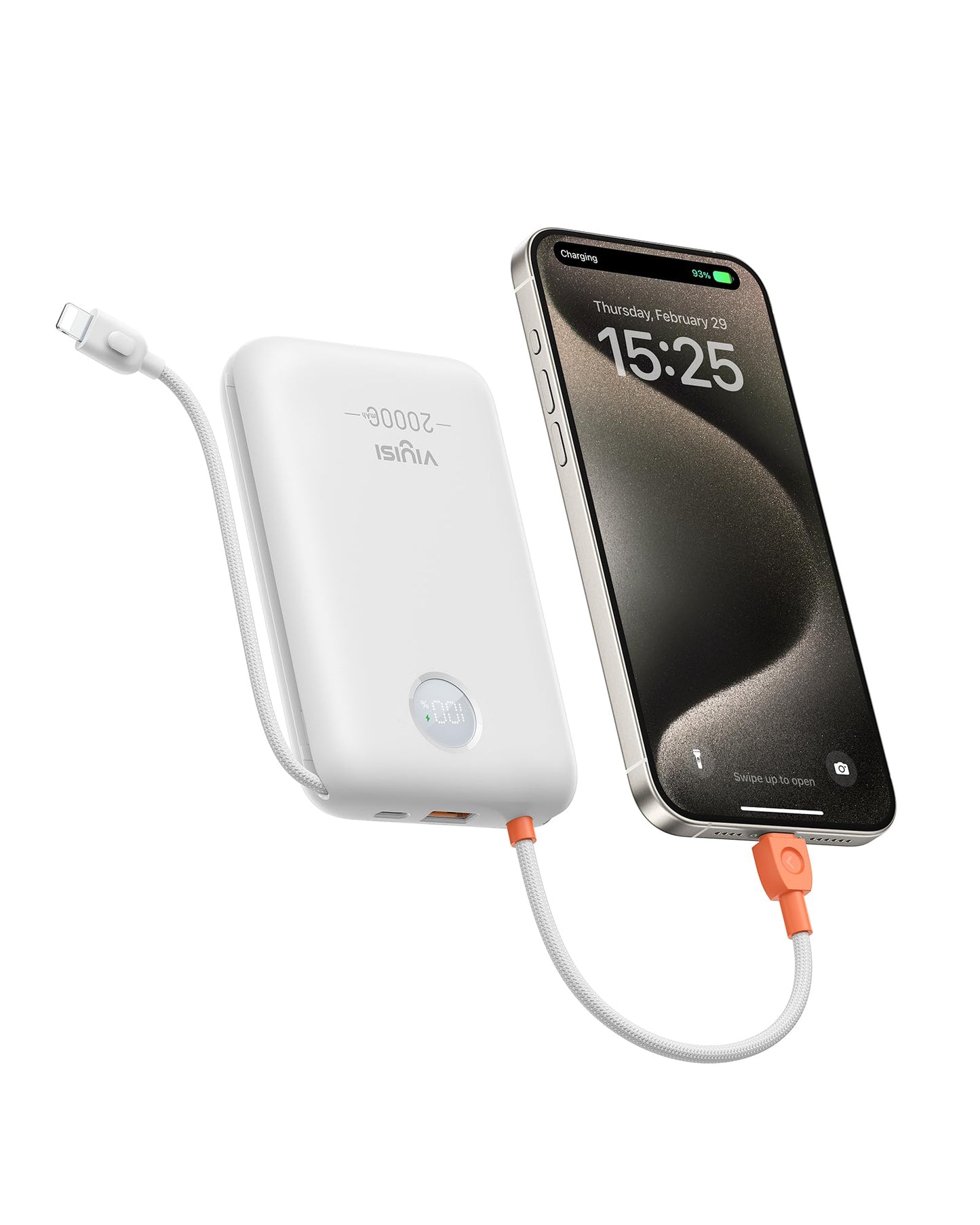 VIYISI Power Bank 20000mAh 30W Fast Charging Portable Charger with Built-in Cables & LED Display USB C Battery Pack for iPhone Samsung iPad and Android Phones Ideal for Travel -White