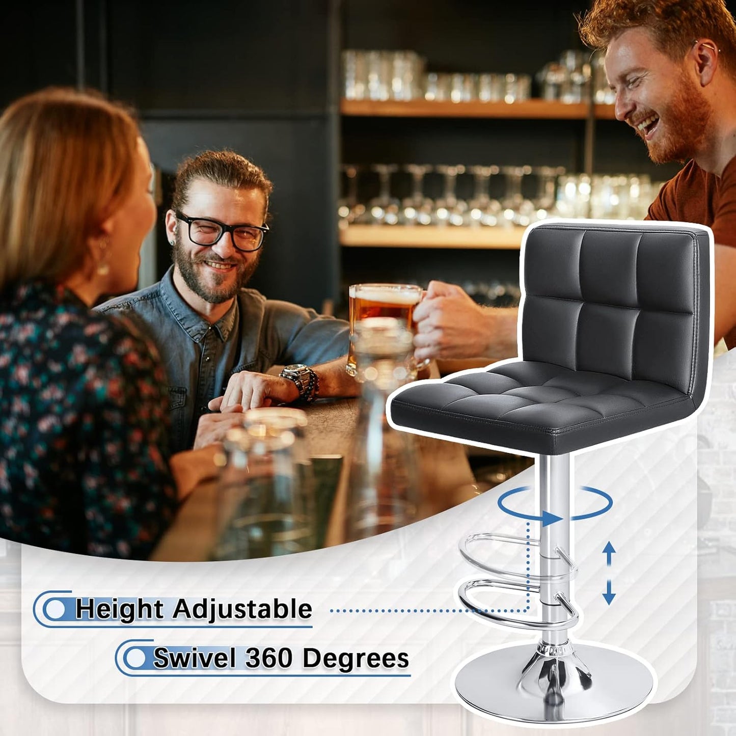 Modern PU Leather Adjustable Swivel Bar Stools, Armless Hydraulic Kitchen Counter Barstools, Extra Height Square Island Barstools with Back, Set of 2 (Black)