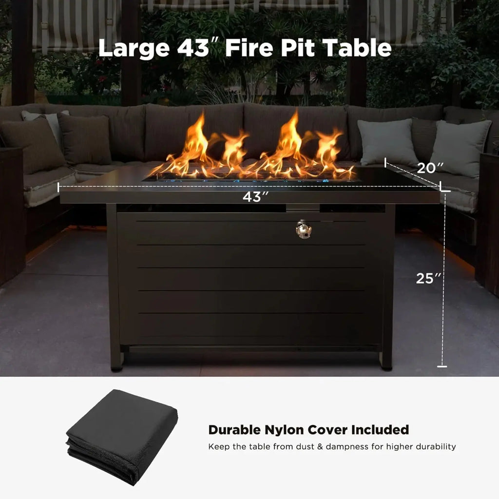 43" Propane Fire Pits for outside 60,000 BTU Gas Fire Pit Table for outside with Lid , Glass Beads, Cup Holders, Hanging Shelf & Nylon Cover, Rectangle