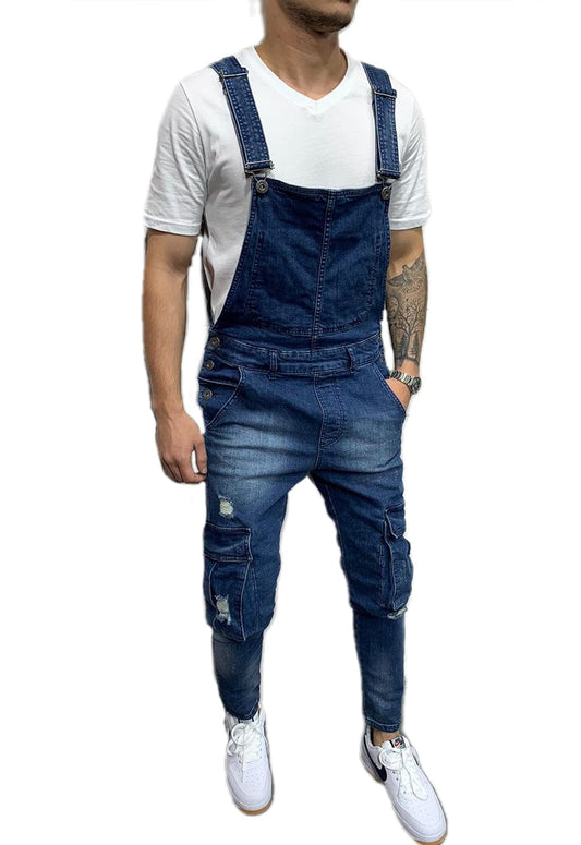 HUNGSON Denim Bib Overalls for Men Slim Fit Jumpsuit with Pockets Fashion Retro(DarkBlue with pocket2XL)