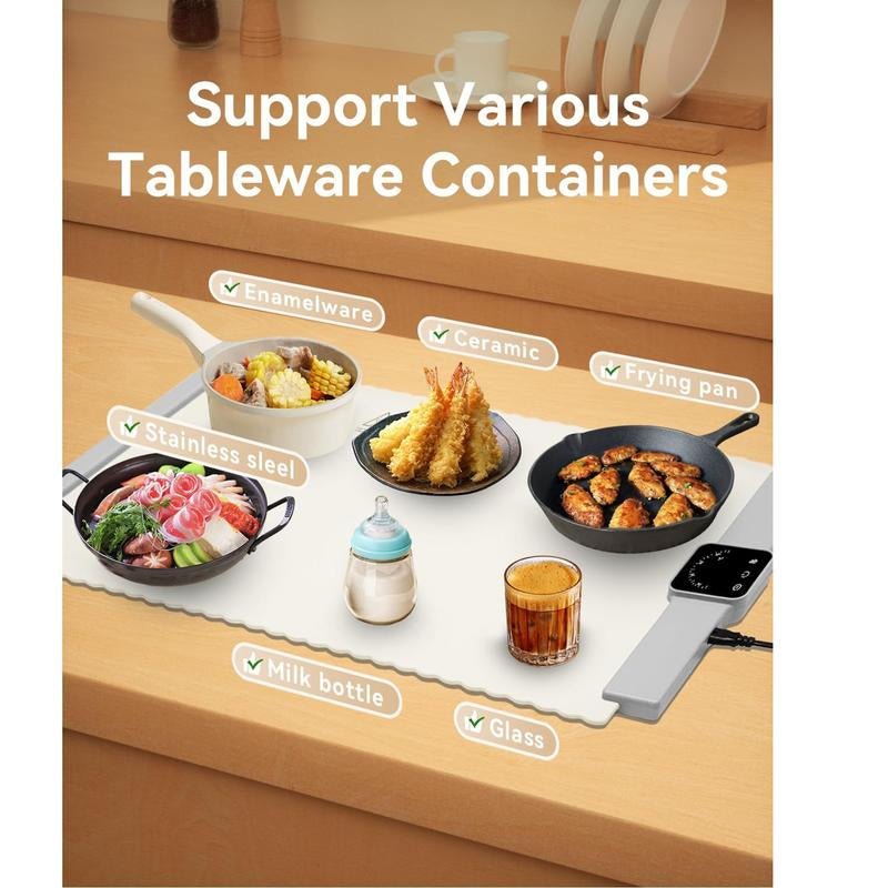 Food Warmer Mat, BRAVESTONE Electric Portable Silicone Warming Plate, Roll up Heating Tray for Food, 5 Heat Levels, 24X15.7, White