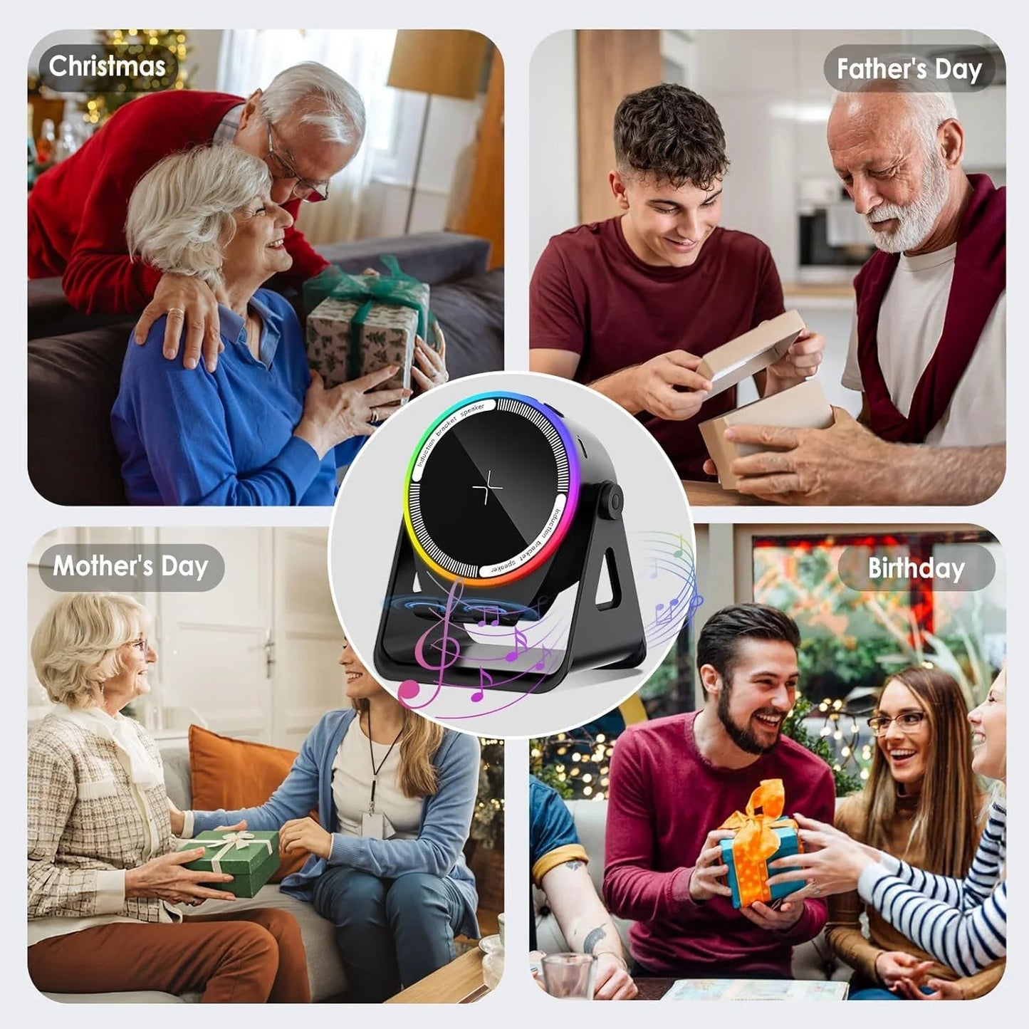 Wireless Induction Speaker with Phone Stand ,5 in 1 Bluetooth Speaker Amplifier Stereo Sound, RGB Ambient Light, 360° Adjustable Phone Holder Compatible with Iphone/Ipad/Android