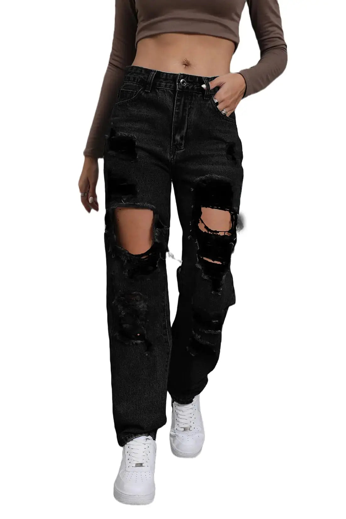 Giallino Ripped Jeans Womens Distressed high Waisted Jeans for Women Trendy Wide Straight Leg Y2k Pants Women’s Jeans Black - New Era Fashion LLc