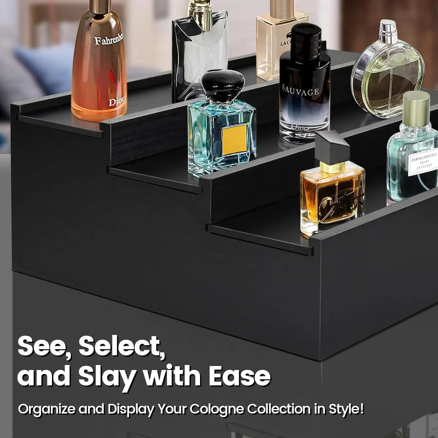 Wooden Cologne Organizer for Men - 3 Tier Cologne Stand Black Elevated