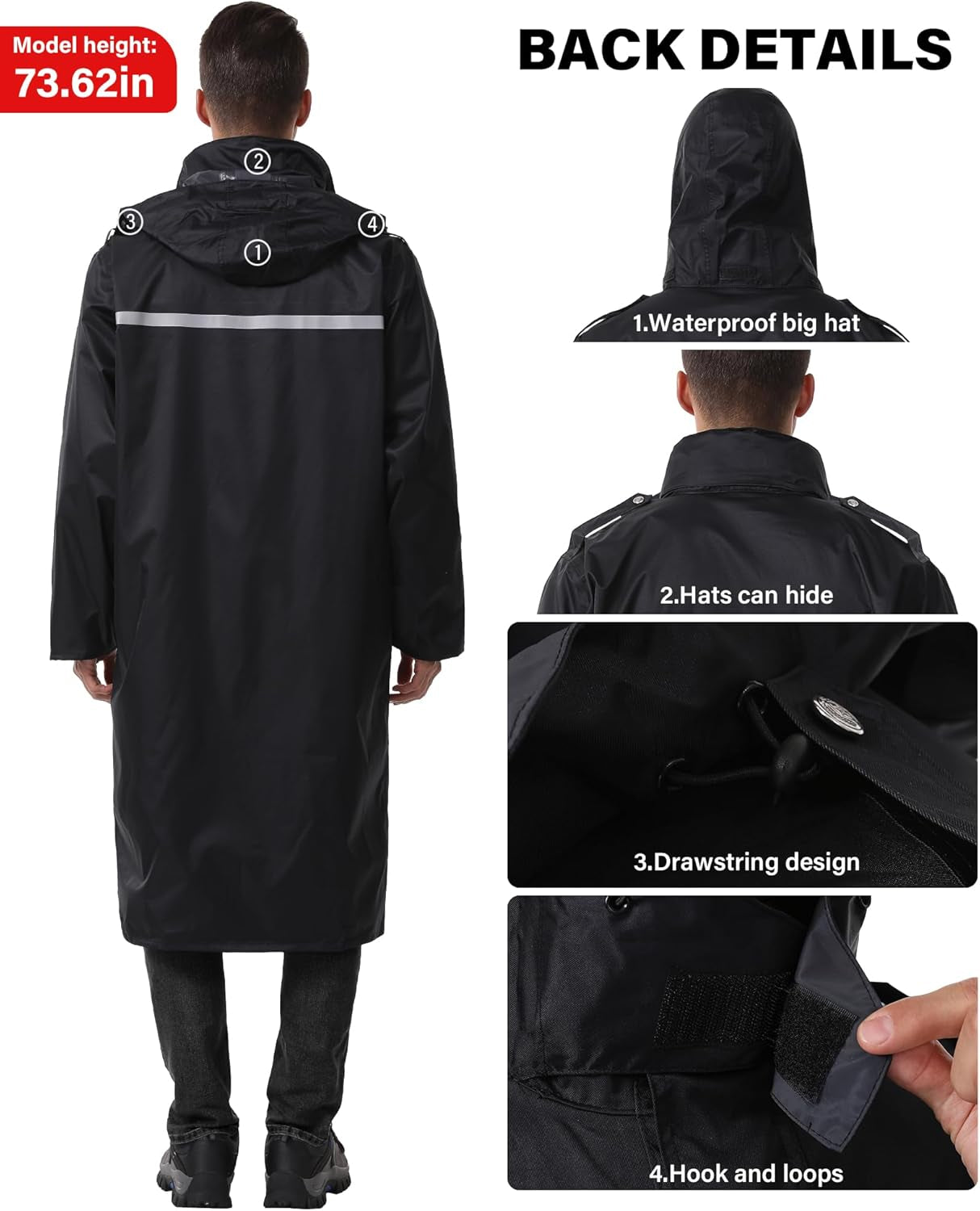 Waterproof Long Rain Jacket - Lightweight Reflective Rainwear with Packable Hood for Men and Women