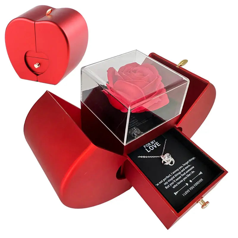 Fashion Jewelry Box Red Apple Christmas Gift Necklace Eternal Rose For Girl Mother's Day Valentine's Day Gifts With Artificial Flower Rose Flower Jewelry Box - New Era Fashion LLc