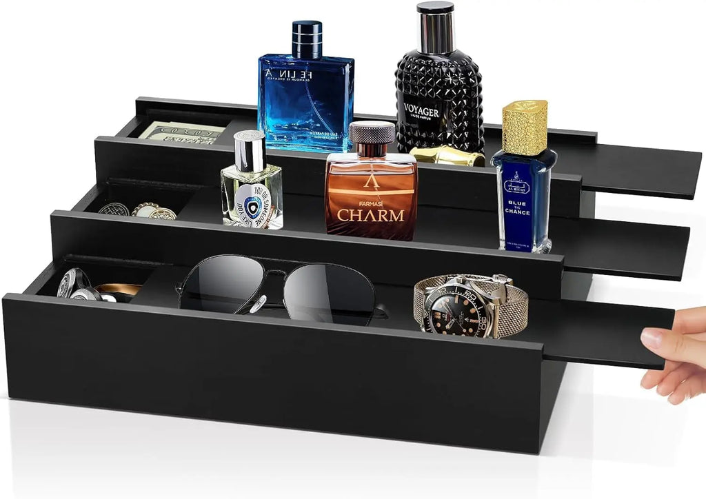Wooden Cologne Organizer for Men - 3 Tier Cologne Stand Black Elevated