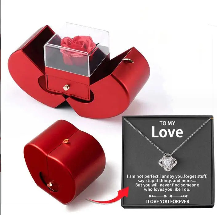 Fashion Jewelry Box Red Apple Christmas Gift Necklace Eternal Rose For Girl Mother's Day Valentine's Day Gifts With Artificial Flower Rose Flower Jewelry Box - New Era Fashion LLc