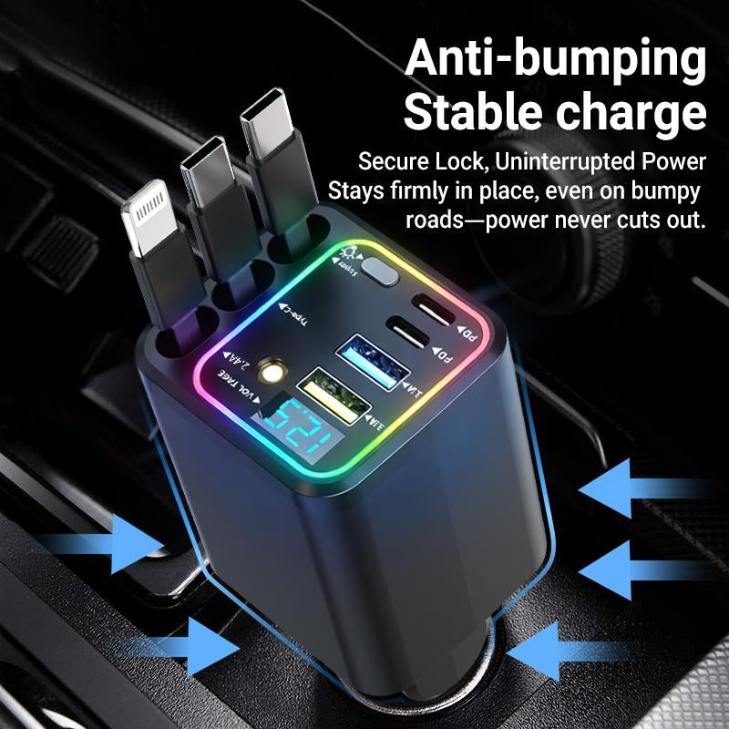 8-In-1 Ultimate Car Charger! Level up Your Drive with 60W Starlight Projection, Retractable Cables for Zero Mess, and 3.1A Fast Charging. Real-Time Voltage Monitoring Keeps Your Ride Safe. Must-Have Car Gadget for 2026!