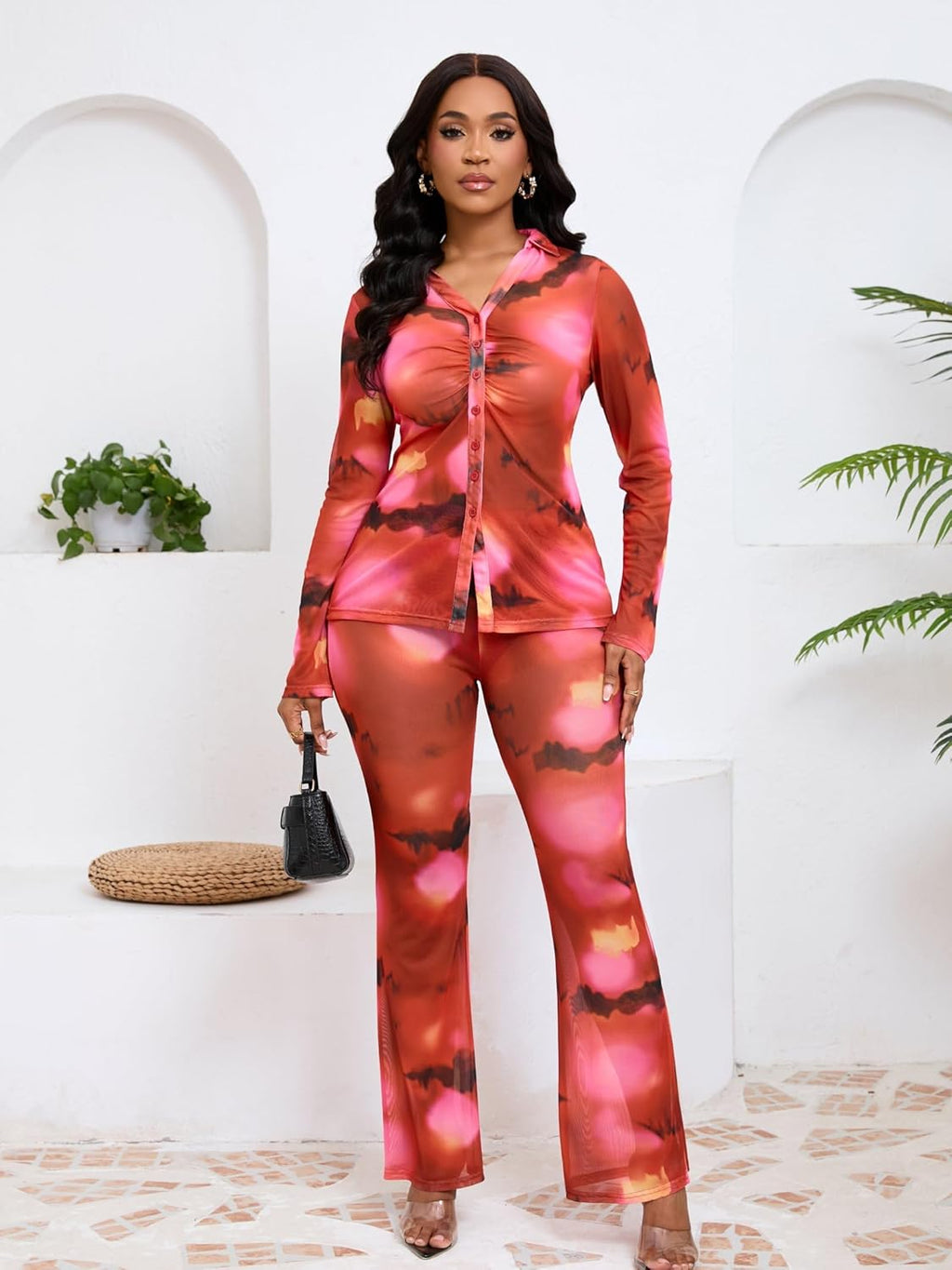 2 Piece Pant Sets for Women Long Sleeve Mesh Floral Print Ruched Button down Shirt Flare Wide Leg Pantsuits Streetwear