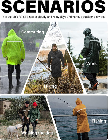 Waterproof Long Rain Jacket - Lightweight Reflective Rainwear with Packable Hood for Men and Women