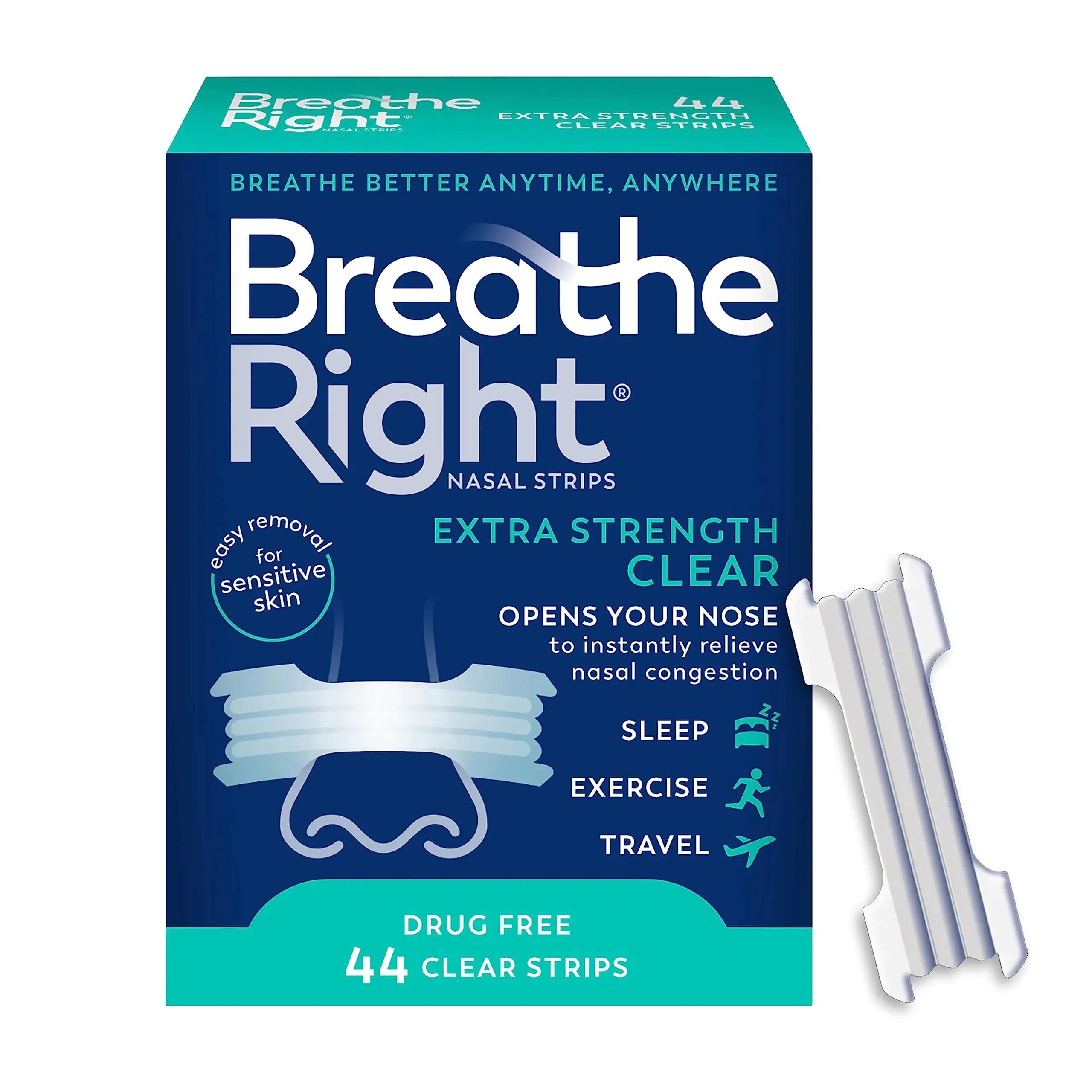 Breathe Right Nasal Strips | Extra Strength | Clear | For Sensitive Skin I Drug-Free Snoring Solution & Nasal Congestion Relief Caused by Colds & Allergies | 44 Count (Packaging May Vary) Zendrop