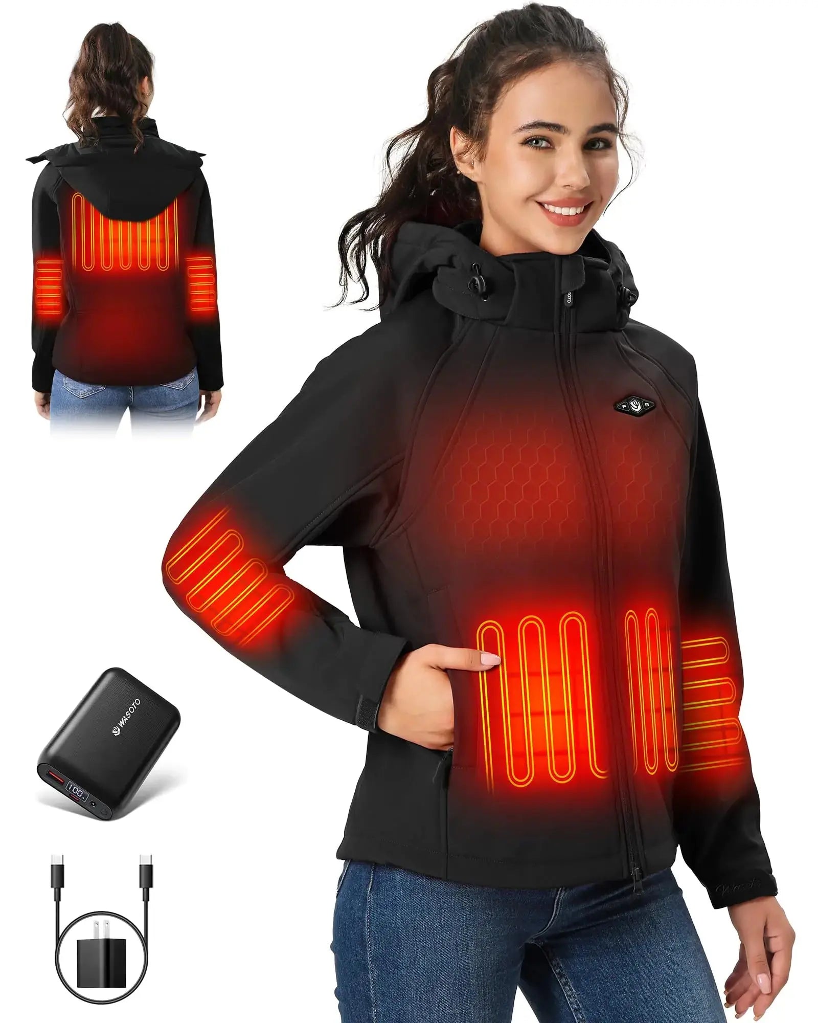 WASOTO Heated Jackets for Women 16000 mAh Battery Pack Lightweight Water-Resistant Slim Fit Heated Coat with Detachable Hood Snowboarding Zendrop