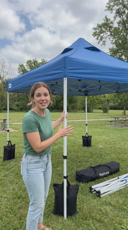 Nazhura 10 x 10 Pop Up Canopy Tent with Sand Weight Bag Freestanding Sun Shelter for Picnic and Camping One Person Setup and Height Adjustable (Blue)