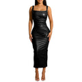 Faux Leather Dress Long Womens Sexy Bodycon Spaghetti Strap Elegant Maxi Slit Dresses Black M