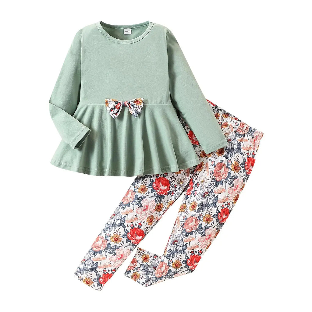 GOLLUNER Kids Toddler Girls Clothing Set Long Sleeve Top With Bowknot ＋Floral Print Pants 2 Pcs Fall Outfits Set(6-7T) Zendrop