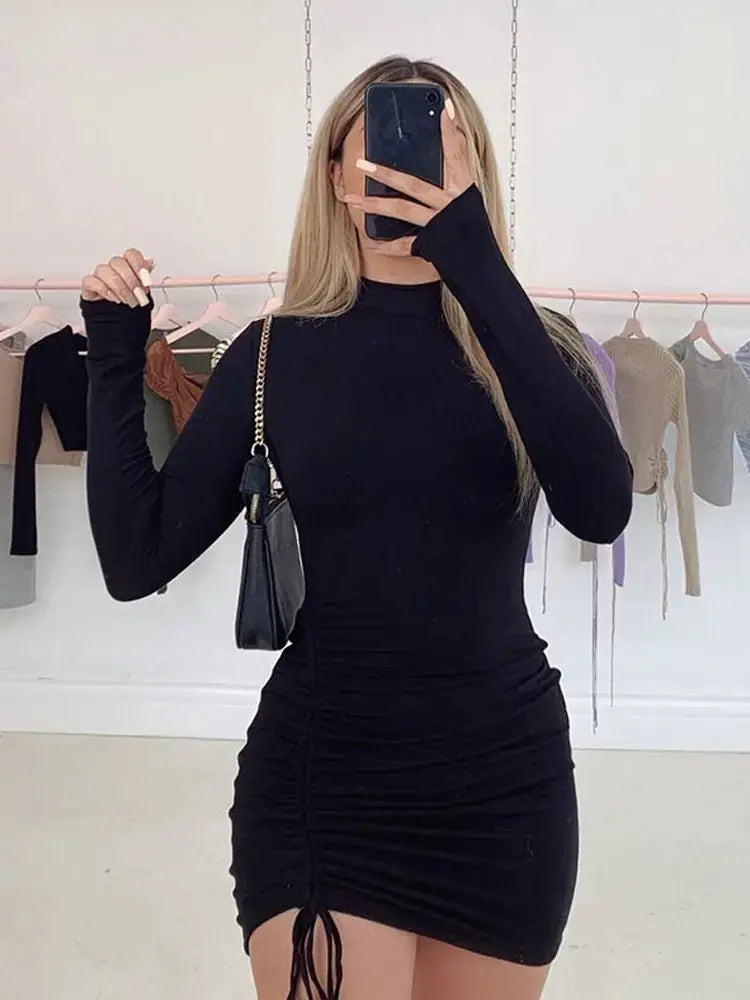 Black Turtleneck Ruched Bodycon Mini Dress for Women Zendrop
