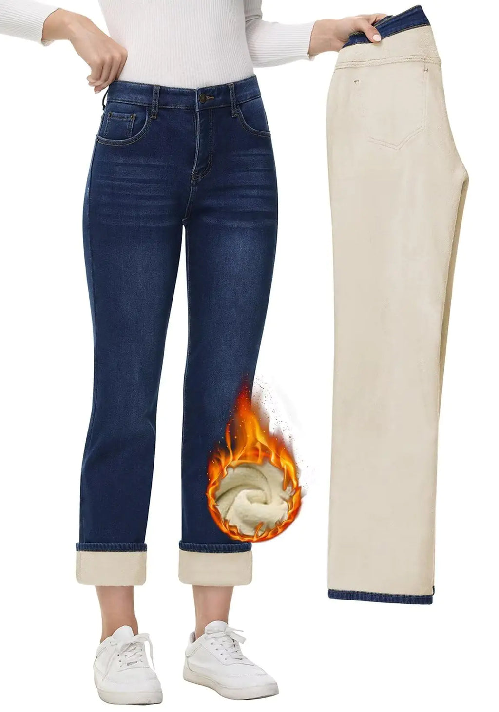 AMRSPENG Womens Fleece Lined Jeans Women Straight Leg Jeans Winter High Waisted Fleece Lined Denim Pants Navy Blue Size 16