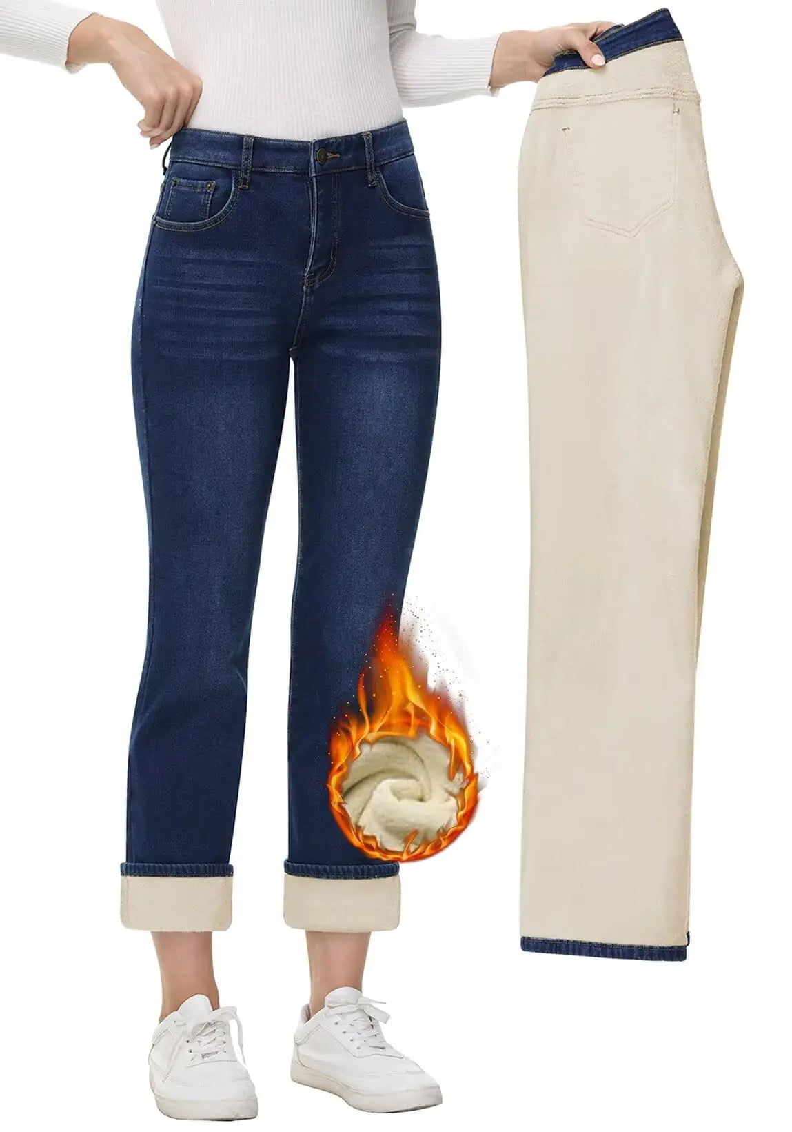 AMRSPENG Womens Fleece Lined Jeans Women Straight Leg Jeans Winter High Waisted Fleece Lined Denim Pants Navy Blue Size 16