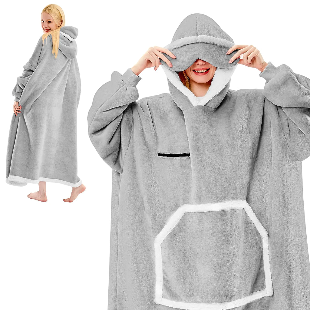 IFNOW Wearable Blanket Hoodie Oversized Sherpa Fleece Hooded Sweatshirt Blanket with Eye Mask Cozy and Giant Blanket Hoodie with Sleeves Extra Long for Adults Men Women Grey