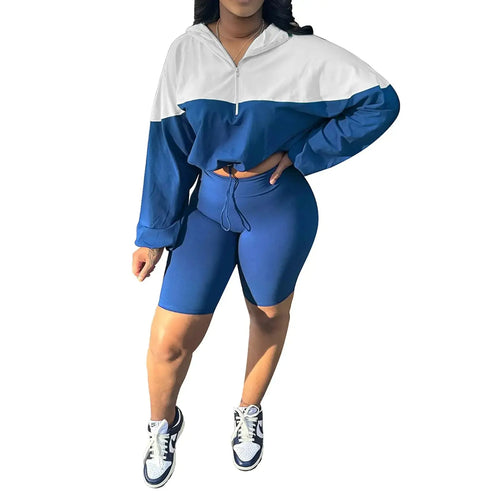 2 Piece Sets for Women Fall Casual Oversized Batwing Sleeve Hooded Crop Top and Shorts Outfits Lounge Sets Sweatsuit(BLUEXL) Zendrop