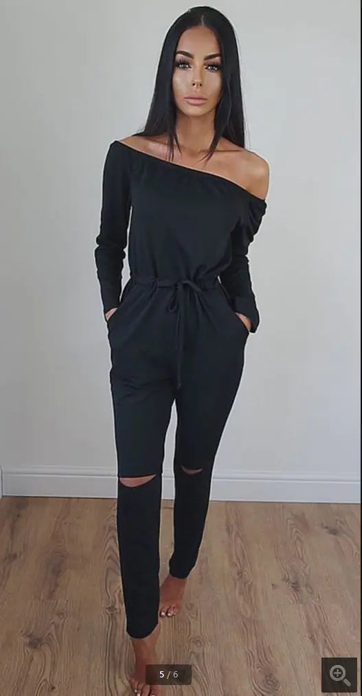Off-Shoulder Ripped Jumpsuit